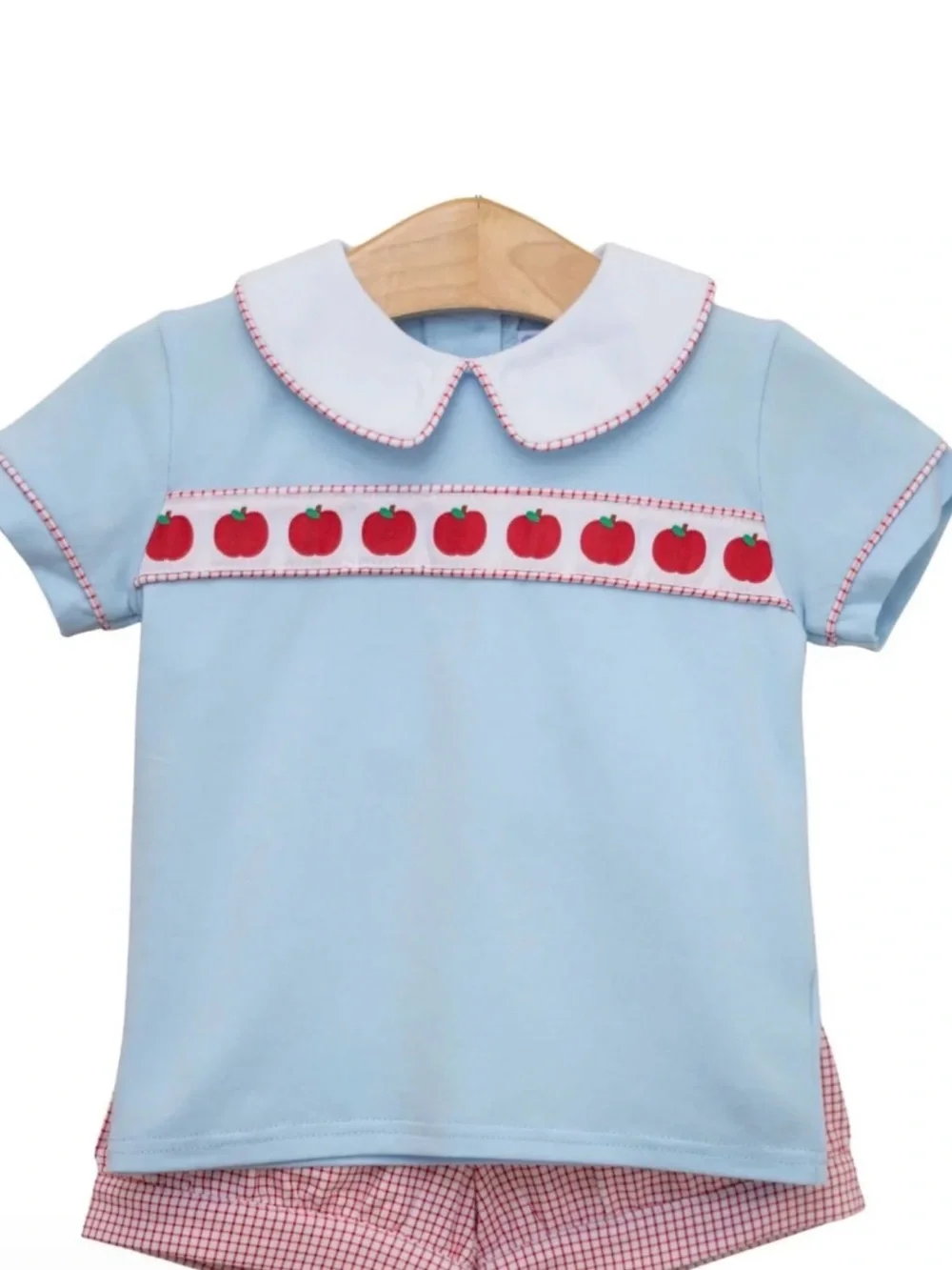 Light Blue Peter-Collar Kids Tee with Red Apple Smocking NWT